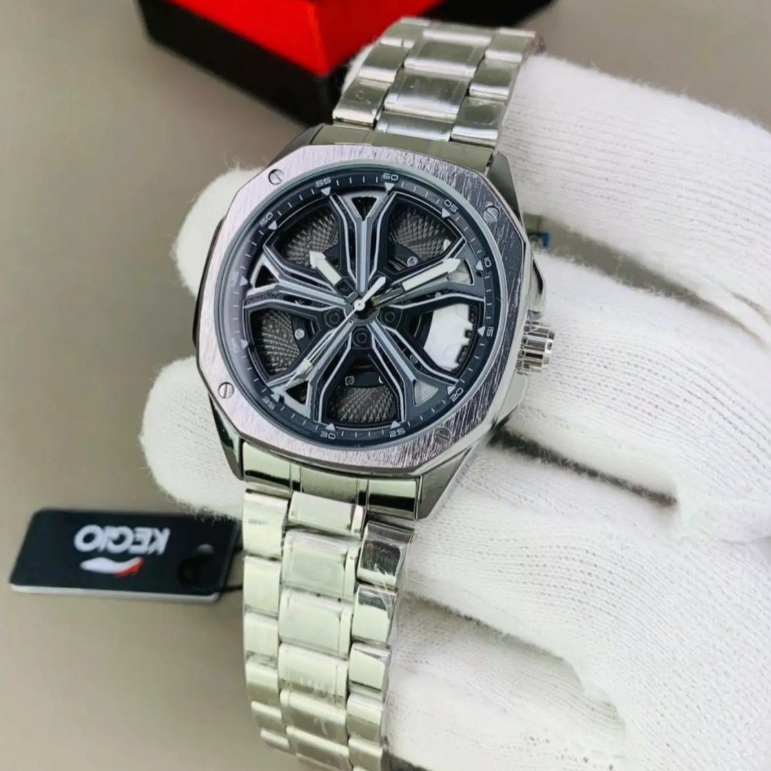 KECIO Luxury Automotive Rim Dial Men's Watch - All Silver Stainless Steel with Skeleton Car Wheel Design + Gift Box
